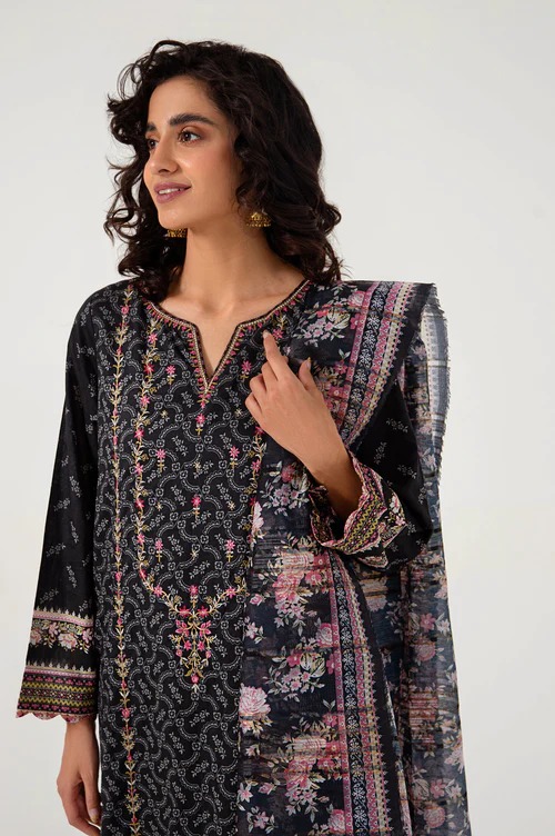 Unstitched 3 Piece Embroidered Lawn with Zari Stripes Suit